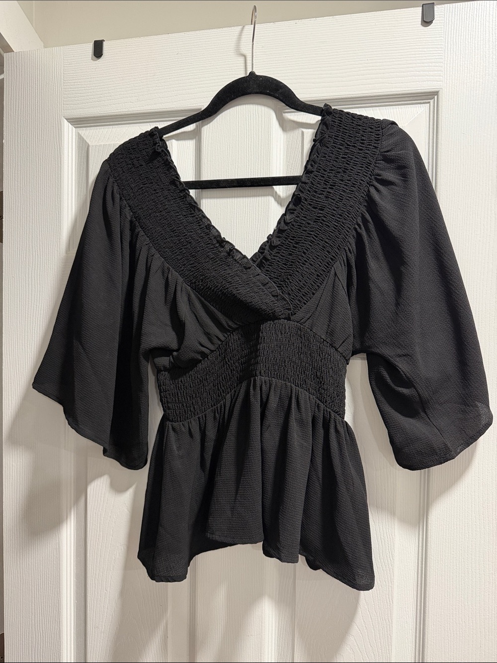 mittoshop Black Smocked V‑Neck Peplum Blouse